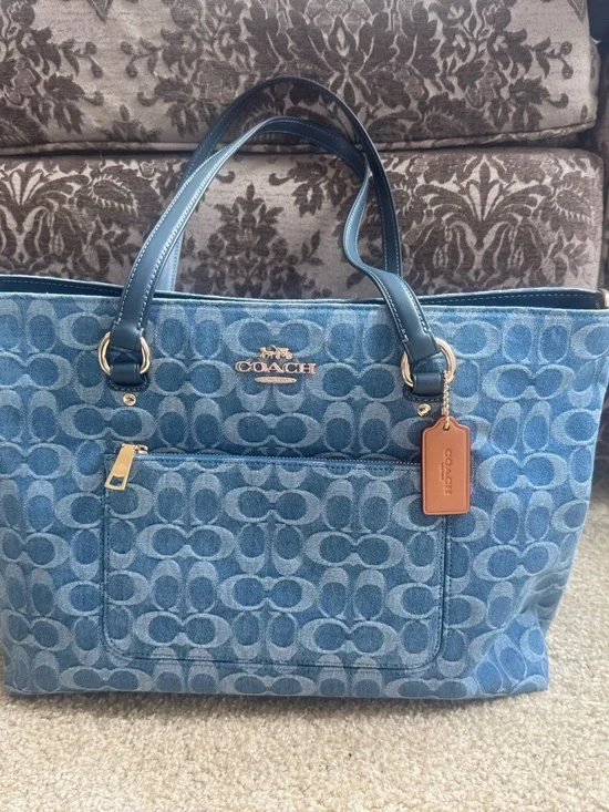 Coach Blue Denim Signature Tote with Tan Leather Tag - Picture 1 of 5